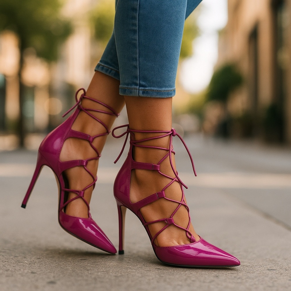 Madison by Shoe Dazzle Marella High Heels Size 7 Pink Criss Cross Straps EUC